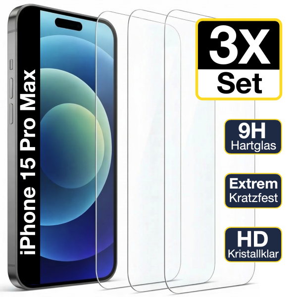 Glazor 3x Panzerglas 9H f&uuml;r iPhone 15 Pro Max Panzerfolie Displayschutz Schutzglas