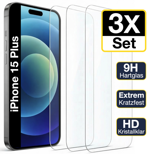 Glazor 3x Panzerglas 9H f&uuml;r iPhone 15 Plus Panzerfolie Displayschutz Schutzglas