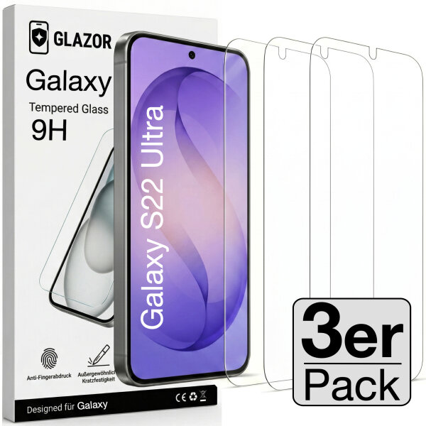 Glazor 3x Panzerglas 9H f&uuml;r Galaxy S22 Ultra Panzerfolie Schutzglas