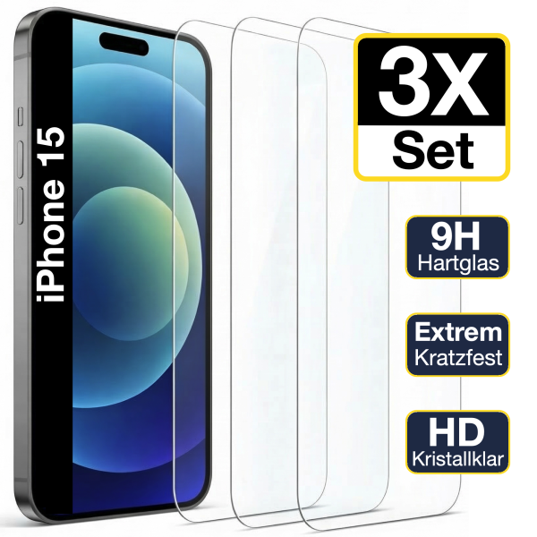 Glazor 3x Panzerglas 9H f&uuml;r iPhone 15 Panzerfolie Displayschutz Schutzglas