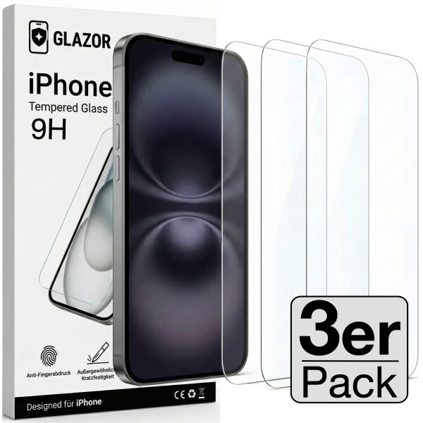 Glazor 3x Panzerglas 9H f&uuml;r iPhone 16 Panzerfolie Displayschutz Schutzglas